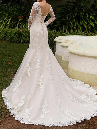 Elegant Mermaid Wedding Dresses Bateau Lace Long Sleeve Boho Bridal Gowns with Sweep Train_3
