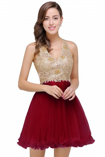 Short Tulle A-line V-Neck Appliques Sleeveless Prom Dress On Sale_1