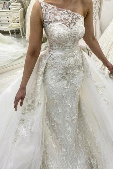 Elegant One Shoulder Blumenmuster Meerjungfrau Hochzeitskleid Abnehmbarer Zug