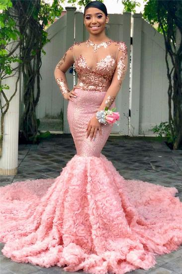 Sheer Tulle Sparkle Sequins Prom Dresses Cheap 2022 | Pink Mermaid Flowers Sexy Evening Gowns with Sleeves