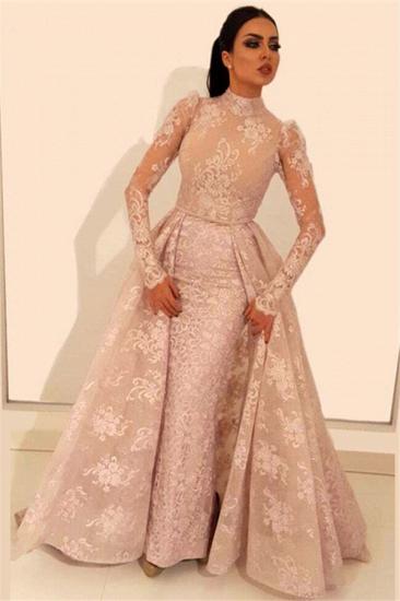 Elegante rosa High Neck Lace Abendkleider | Etui-Abendkleid mit langen Ärmeln 2022_1