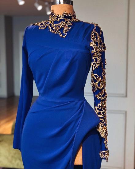 Royal Blue High Neck Side Slit Mermaid Prom Dresses | Elegant Long Sleeves Appliques Evening Gowns_2