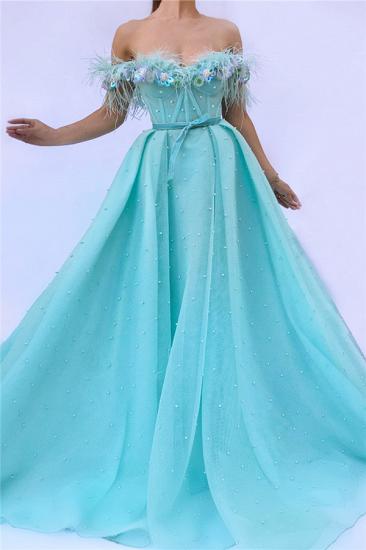 Sexy Off the SHoulder Sleeveless Prom Dress | Cute Feather Tulle Long Prom Dress with Pearls_1