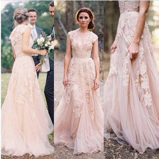 A-Line Sexy Deep V-Neck Tulle Long Wedding Dress Applique Cheap Popular Pink Bridal Gowns CJ0302_2