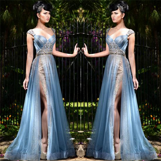 Stylish Long Blue Formal Evening Dresses Online | Tulle Crystal Sexy Slit Prom Dresses_3
