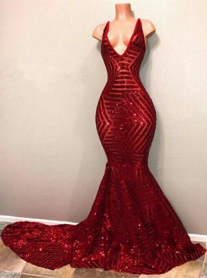 Mermaid Red Sequins Prom Dresses 2022 V-neck Sleeveless Long Train Sexy Evening Gown_1