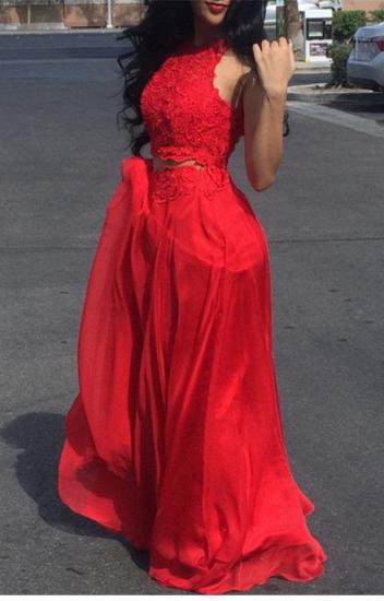 New Arrival Halter Red Lace Prom Dress Floor Length Chiffon 2022 Evening Gown