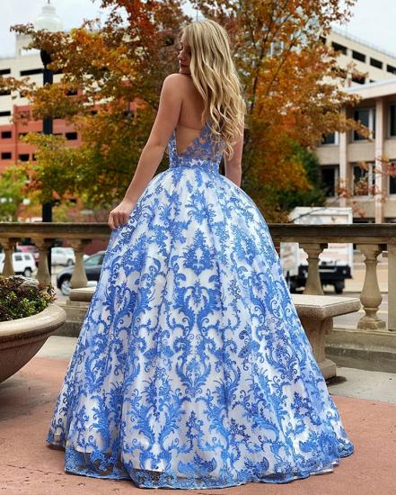 Ramona | White Halter Illusion neck Puffy Blue Lace Prom Dress_2