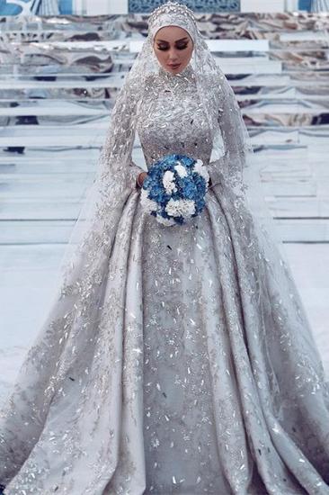 High-Neck Crystal Beaded Detachable Train Lace Wedding Dress
