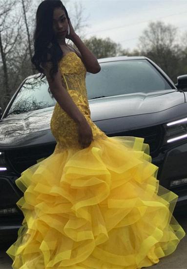 Strapless Fit and Flare Tiere Ruffles Tulle Yellow Prom Dress | Lace Appliques Corset Graduation Dress_4