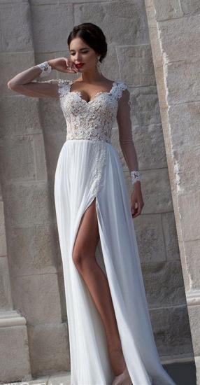 White Lace Sheer Long Sleeve Wedding Dresses Side Slit Chiffon Evening Dresses_1