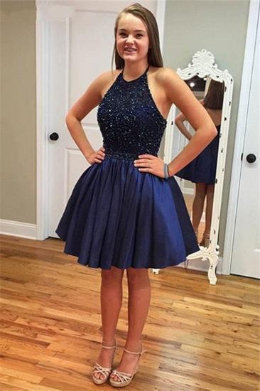 New Arrival Royal Blue Halter Short Homecoming Dress with Beadings A-Line Sleeveless Mini Cocktail Dress_2