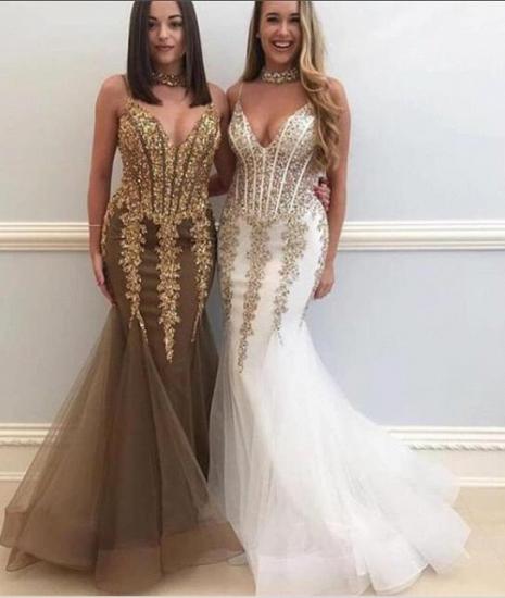Sweetheart Spaghetti Golden Appliques Tulle Mermaid Prom Dresses_3