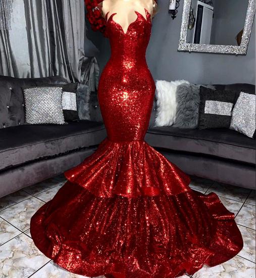 Sparkling Sequins Mermaid Tiered Sleeveless Sexy Cheap Red Prom Dresses on Mannequins_3