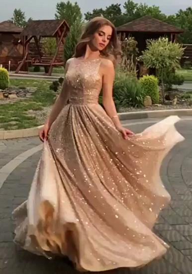 Open Back Champagne Gold Sequins Prom Dresses  | Sleeveless Sexy Evening Gowns_1