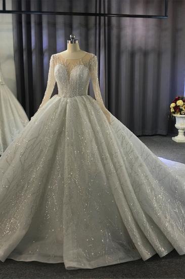 Luxuriöses Ballkleid-langärmliges Kristallperlen-Hochzeitskleid A-Linie Elegant_2