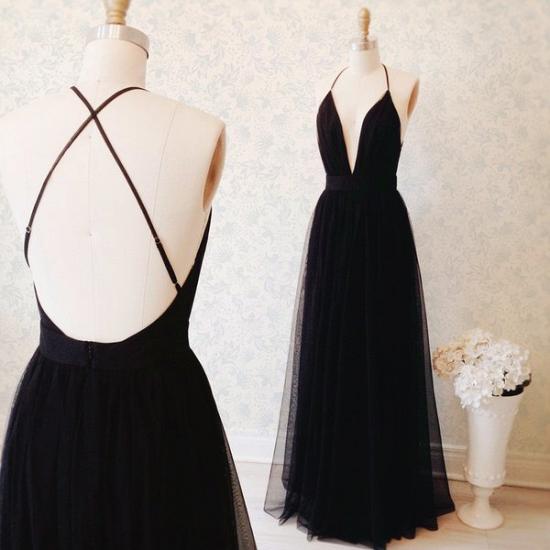 Sexy Black Tulle Straps Evening Dress 2022 Deep V-neck Open Back Prom Gown_3