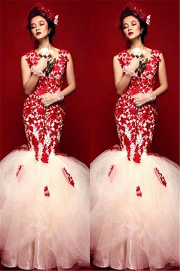 Wunderschöne Brautkleider 2022 V-Ausschnitt, ärmellose Meerjungfrau, rote und weiße Spitzenapplikationen, bodenlange Brautkleider_1