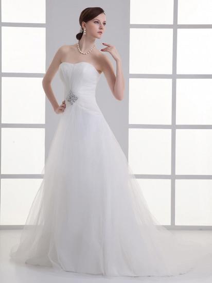 Boho A-Line Wedding Dress Sweetheart Lace Satin Strapless Bridal Gowns with Chapel Train_2