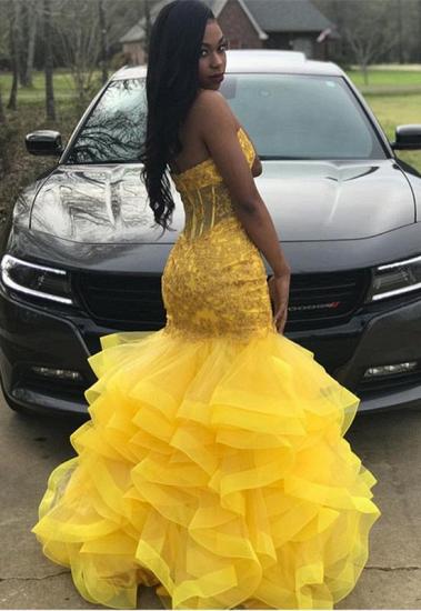 Strapless Fit and Flare Tiere Ruffles Tulle Yellow Prom Dress | Lace Appliques Corset Graduation Dress