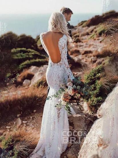 Charming White Tulle Deep V Neck Lace Mermaid Wedding Dresses_2