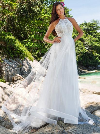 Affordable A-Line Wedding Dress Halter Lace Organza Sleeveless Bridal Gowns Open Back with Chapel Train