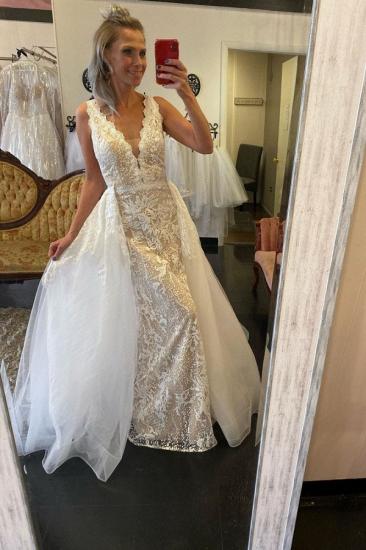 Elegant Double V-Neck Lace Appliques Detachable Train Wedding Bridal Dress_1