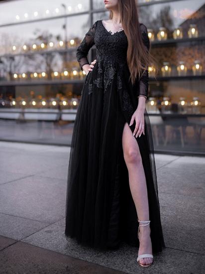 Long sleevels v-neck black a-line high split prom dress_2