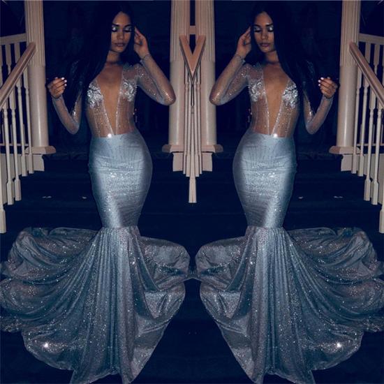 Sexy V-neck Sparkly Sequins Long Sleeve Prom Dresses | Mermaid Sheer Tulle Evening Gowns_2