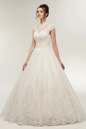 YOLANDE | A-line High Neck Short Sleeves Long Lace Appliques Wedding Dresses with Lace-up_5