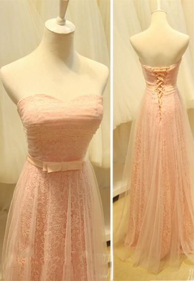 Pink Lace Lovely Long Prom Dresses Covered by Sheer Tulle Sweetheart Pretty Cute Evening Dresses with Bowknot_1