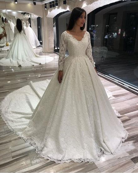 Elegant Long Sleeve Wedding Dress V-Neck Aline Bridal Dress_3