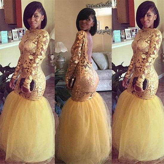 Long Sleeve Gold Lace Prom Dresses 2022 | Mermaid Tulle Open Back Sexy Evening Dress_3