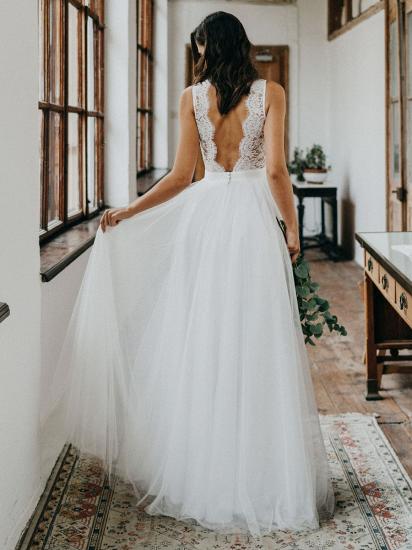 Elegant V Neck Tulle White Lace Sleeveless A-Line Wedding Dresses_2