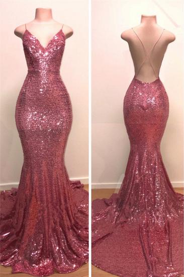 Sexy Backless Pink Sequins Prom Dresses Cheap 2022 | Spaghetti Straps Mermaid Sleeveless Evening Gowns_1