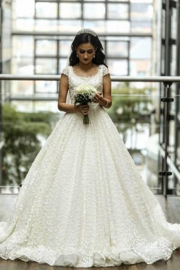 Romantic Cap Sleeves Lace A-line Bridal Dress with Chapel Train_1