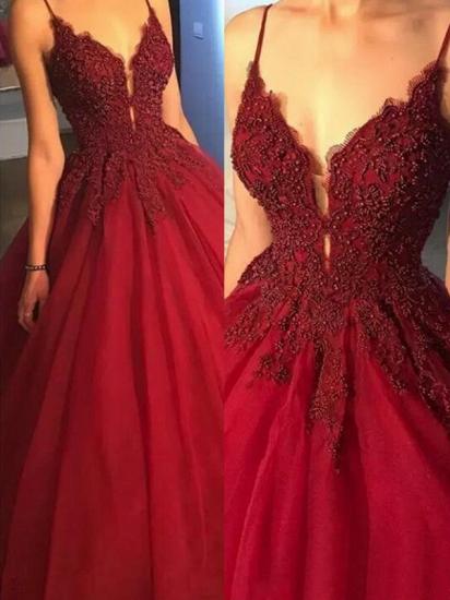 Gorgeous Spaghetti Strap Beads Prom Dresses | Red Elegant Lace Puffy Ball Gown Evening Dresses_2