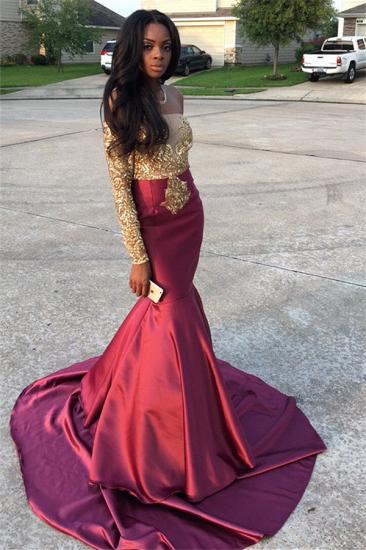 Gold Lace Appliques Off The Shoulder Evening Gowns Long Sleeve Mermaid 2022 Prom Dress_3