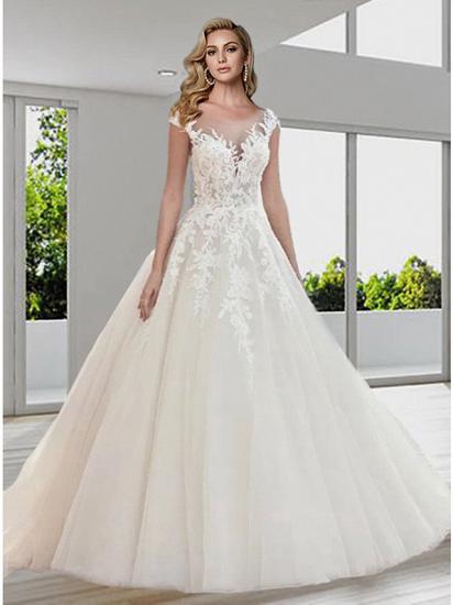 Sexy A-Line Wedding Dress Jewel Lace Tulle Short Sleeves Backless Bridal Gowns with Sweep Train