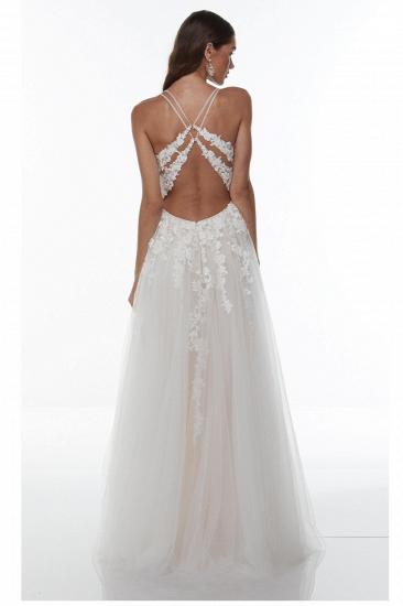 Spaghetti Straps Lace Wedding Gowns Side Split V Neck Bride Dress_2