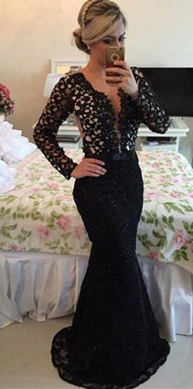 Deep V-Neck Long Sleeve Black Lace Evening Gowns Sexy Mermaid Sweep Train Formal Occasion Dress