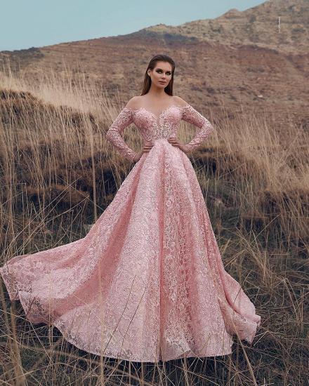 Pink Off-The-Shoulder Long-Sleeves Lace Applique Princess A-Line Prom Dresses_2