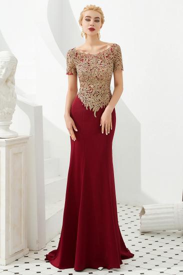Hilary | Custom Made Short sleeves Burgundy Mermaid Prom Dress with Gold Lace Appliques_2