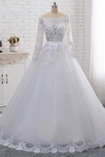 TsClothzone Stylish Off-the-Shoulder Long Sleeves Wedding Dress Tulle Lace Appliques Bridal Gowns with Beadings On Sale