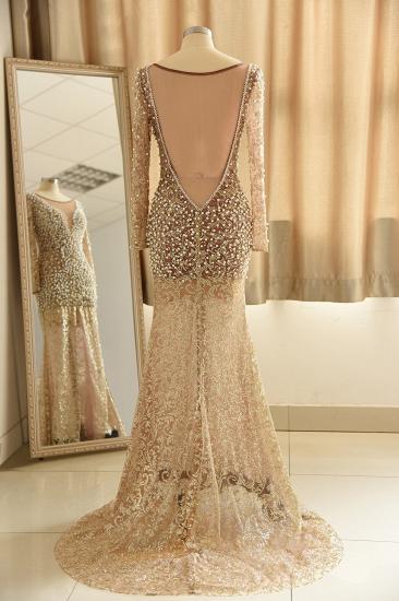 Illusion neck Champange Pearls Long High split Prom Dress_3