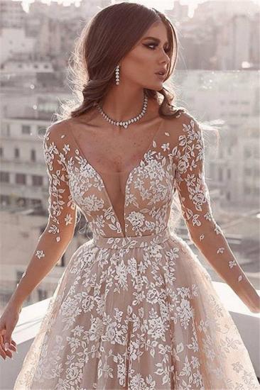 Long Sleeve Sheer Tulle Lace Wedding Dress Cheap 2022 | Champagne Pink Princess Outdoor Bridal Dress Online_3