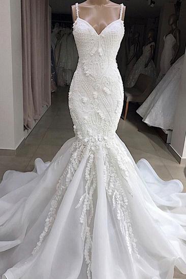 Spaghetti Strap Real Model White Mermaid Wedding Dresses with Gorgeous Lace Appliques
