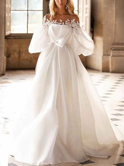 Country A-Line Wedding Dress Off Shoulder Satin Half Sleeves Plus Size Bridal Gowns with Sweep Train