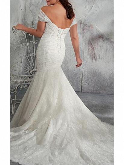 Mermaid Wedding Dress Off Shoulder Chiffon Lace Cap Sleeve Bridal Gowns with Court Train_2