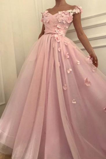 Pink Flowers A-Line Tulle Long Prom Dress | Elegant Off-the-Shoulder Evening Gowns